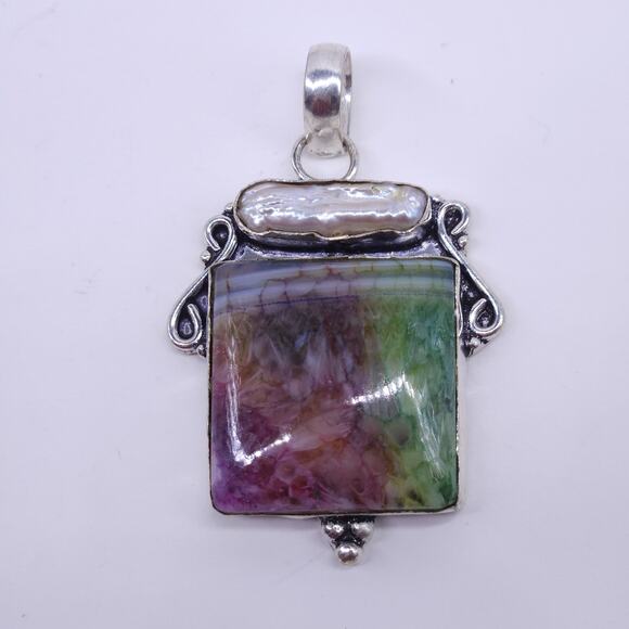 Rectangular Rainbow Quartz Pendant with Pearl Accent in Silver 2x1.5" - Picture 1 of 12